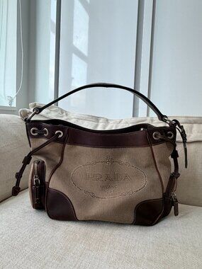 Prada Canapa Logo Jacquard Hobo Bag - Canvas & Leather